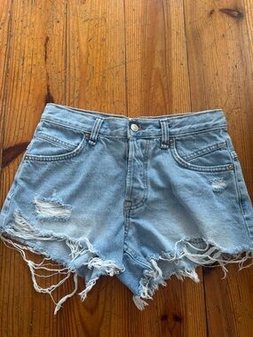 Free People Light Blue Distressed Denim Shorts